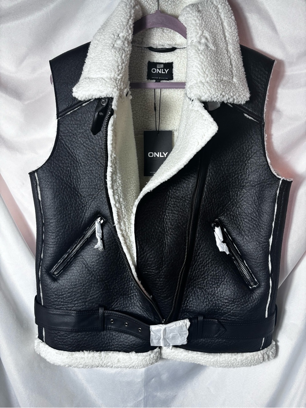 Only Black Faux-Leather Sherpa-Lined Moto Vest